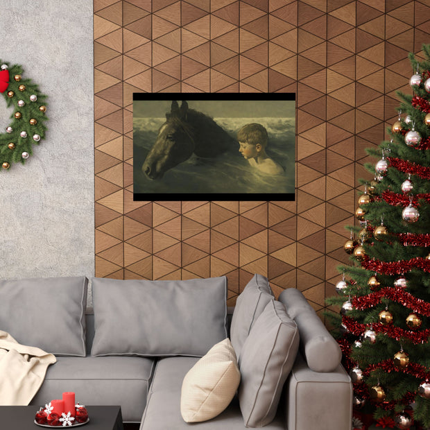 Art Posters, Boy with Horse in Water, Oil Simulation Wall Decor, Matte Prints, Home Decor, Gift for Horse Lovers