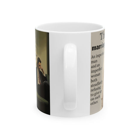 Ceramic Mug with Marriage Insights from Father Josh Hudson and Katherine Hepburn, Artwork by Nick Palsgraf. 11oz, 15oz, Gift for Couples,