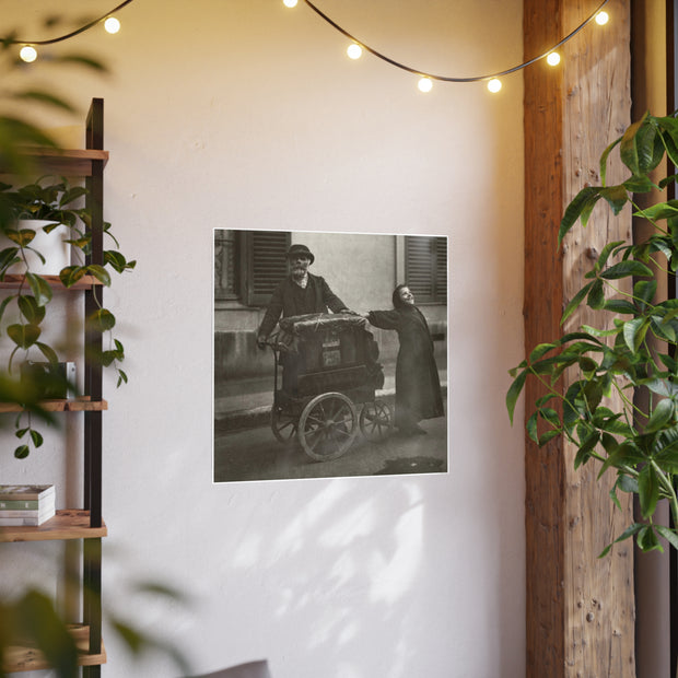 Poster Print, Vintage Photo Art Paper - The Organ Grinder by Eugene Atget, 1895 - Daughter's Smile, Family life scene, Wall Art Decor, Home