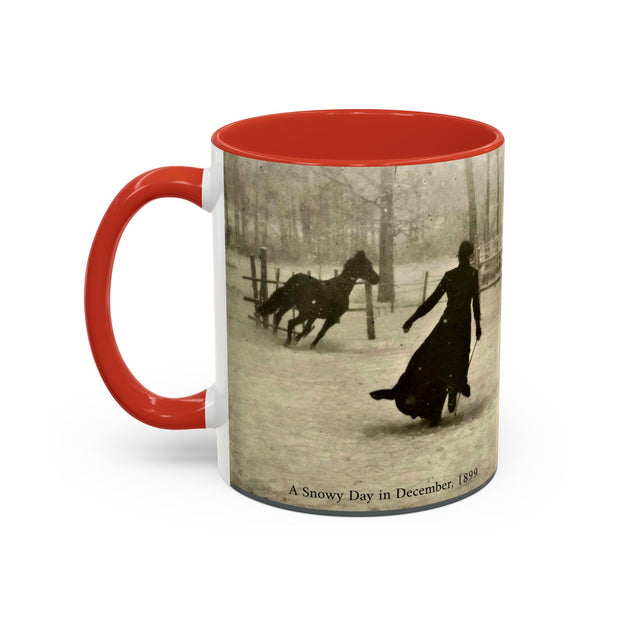 Vintage Victorian Woman and Horse on a Snowy Day, 1899 Coffee Mug, 11oz - Félix Thiollier Antique Farmhouse Style Cup, Horse Lover Gift