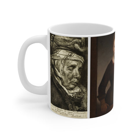 Mug 11oz Cornellis Visscher 1649; Head of Old Woman & Rembrandt Woman at Door 1645
