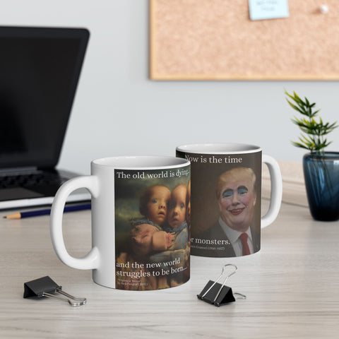 Ceramic Mug, Antonio Gramsci Quote Coffee Cup, Triplets in Terror Painting, Trump Clownface, 11oz, Tea Cup, Gift, Novelty Mug, Kitchen