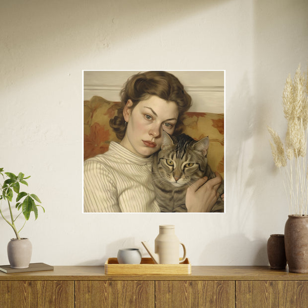 Art Print Vintage Cat and Woman Poster