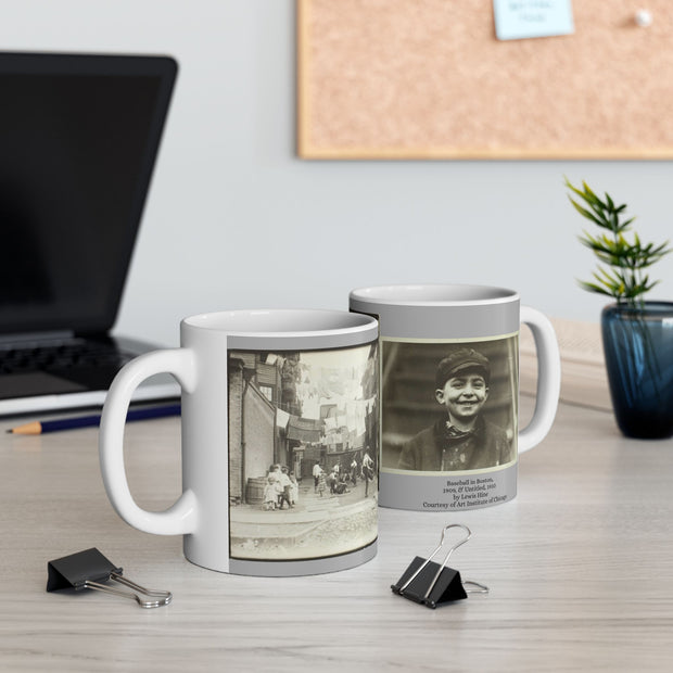 Vintage Photo Collage Ceramic Mug, 11oz or 15oz, Photography Gift: "Baseball in Boston" 1909 and "Untitled" 1910 both by Lewis Wickes Hine