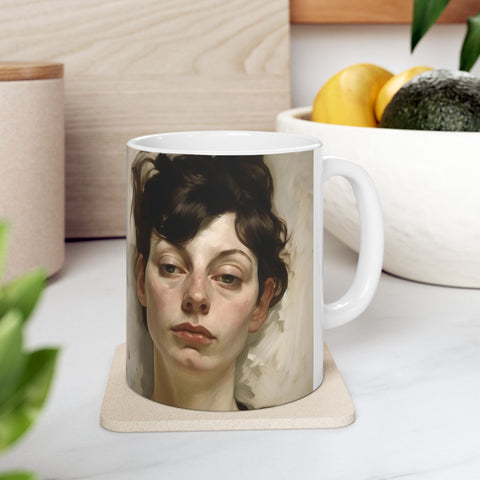 Ceramic Mug 11oz Print of Neurotic, Laconic Woman in a style reminiscent of Gustave Klimt