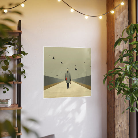 Art Poster Print, The Walking Man with Birds, 32x32 or 28x28 inches; Curated by Nick Palsgraf, Wall Art Decor, Unique Home Decor, Large
