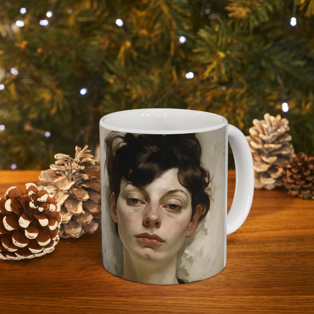 Ceramic Mug 11oz Print of Neurotic, Laconic Woman in a style reminiscent of Gustave Klimt