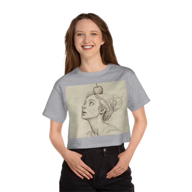 Cropped T-Shirt, Woman with Apple Design, Heritage Style, Gift for Her, Fashion Tee, Customizable Top