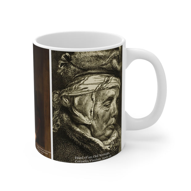 Mug 11oz Cornellis Visscher 1649; Head of Old Woman & Rembrandt Woman at Door 1645