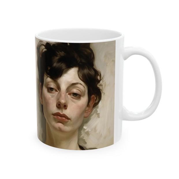 Ceramic Mug 11oz Print of Neurotic, Laconic Woman in a style reminiscent of Gustave Klimt