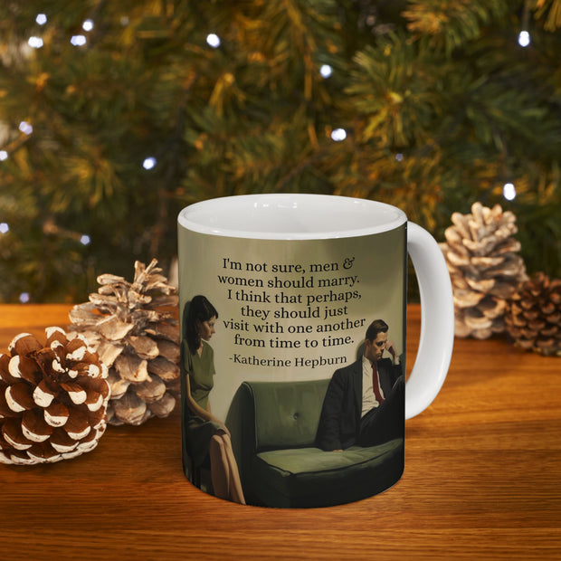 Ceramic Mug with Marriage Insights from Father Josh Hudson and Katherine Hepburn, Artwork by Nick Palsgraf. 11oz, 15oz, Gift for Couples,