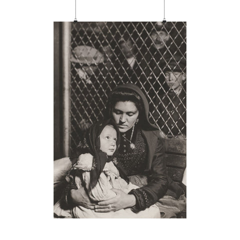 Matte Vertical Posters - Italian Immigrant Mother & Child in Detention, Ellis Island, by Lewis Wickes Hine (1905), Vintage Wall Art Home