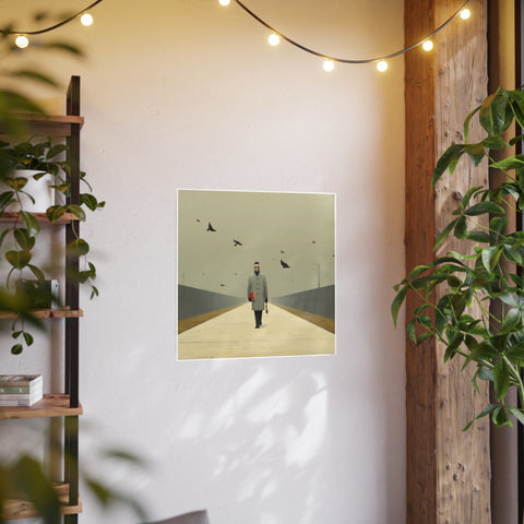 Art Poster Print, The Walking Man with Birds, 32x32 or 28x28 inches; Curated by Nick Palsgraf, Wall Art Decor, Unique Home Decor, Large