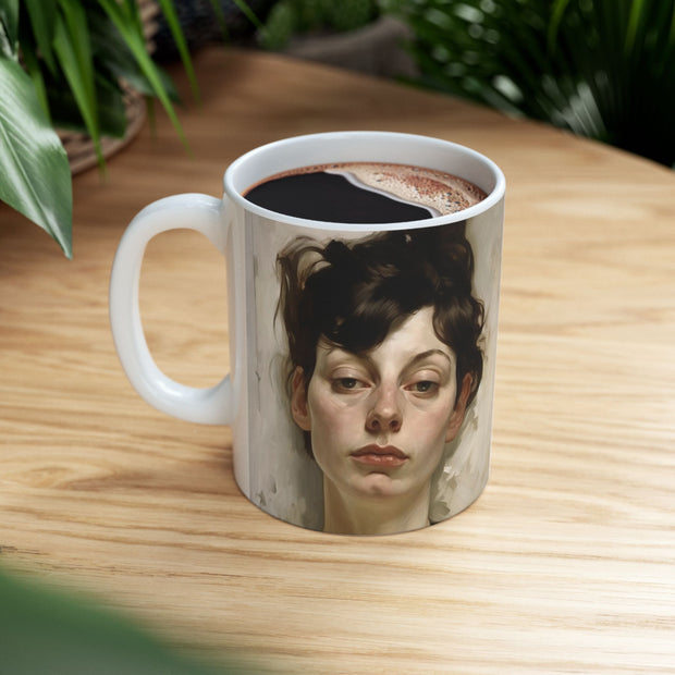 Ceramic Mug 11oz Print of Neurotic, Laconic Woman in a style reminiscent of Gustave Klimt