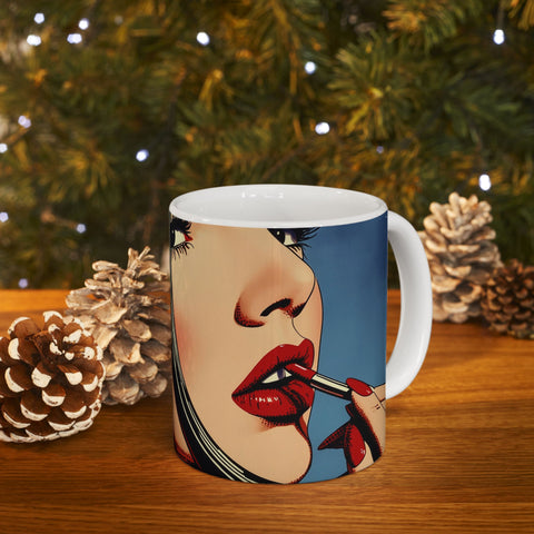 Ceramic Mug, 'Far from Alone' 'Woman & Lipstick' by Nick Palsgraf, inspired by Edward Hopper
