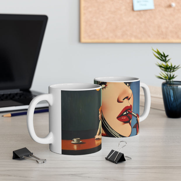 Ceramic Mug, 'Far from Alone' 'Woman & Lipstick' by Nick Palsgraf, inspired by Edward Hopper