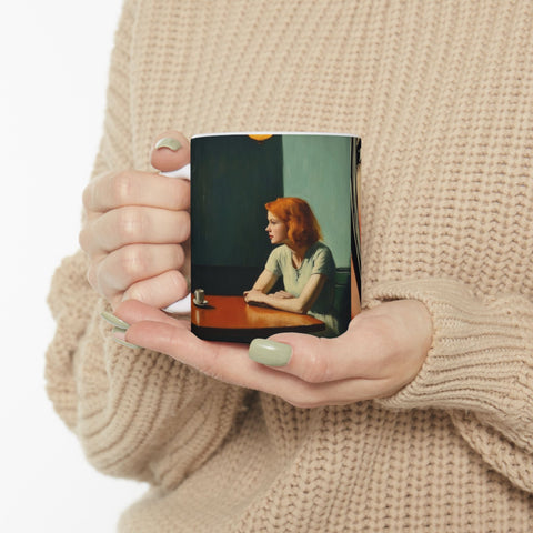 Ceramic Mug, 'Far from Alone' 'Woman & Lipstick' by Nick Palsgraf, inspired by Edward Hopper