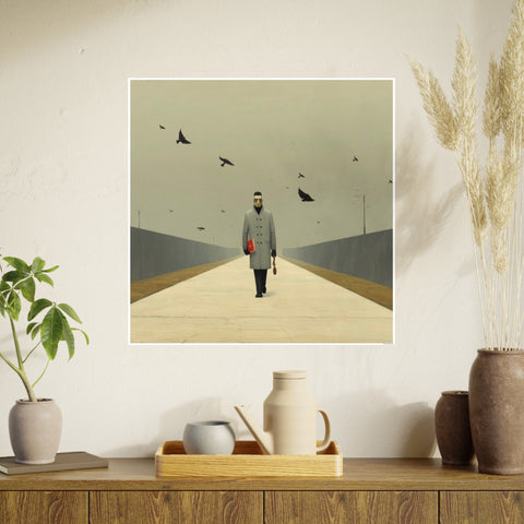 Art Poster Print, The Walking Man with Birds, 32x32 or 28x28 inches; Curated by Nick Palsgraf, Wall Art Decor, Unique Home Decor, Large