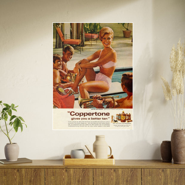 Poster Print: 1970 Coppertone Ad Featuring Bouffant Woman and Glen Campbell-Like Poolside Admirers, Wall Art, Room Decor, Vintage Poster,