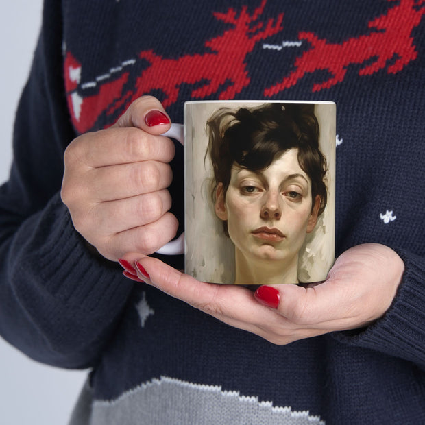 Ceramic Mug 11oz Print of Neurotic, Laconic Woman in a style reminiscent of Gustave Klimt