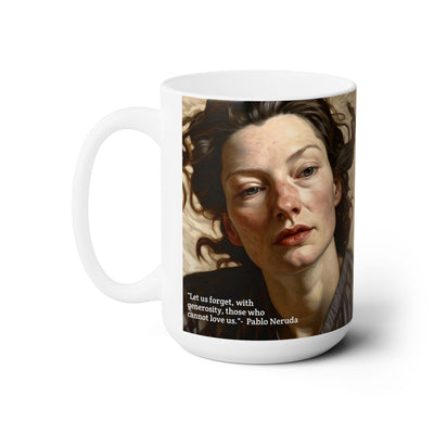 Ceramic Mug 15oz Reflective Lady with a Life Long Lived: Let Us Forget with Generosity- Pablo Neruda