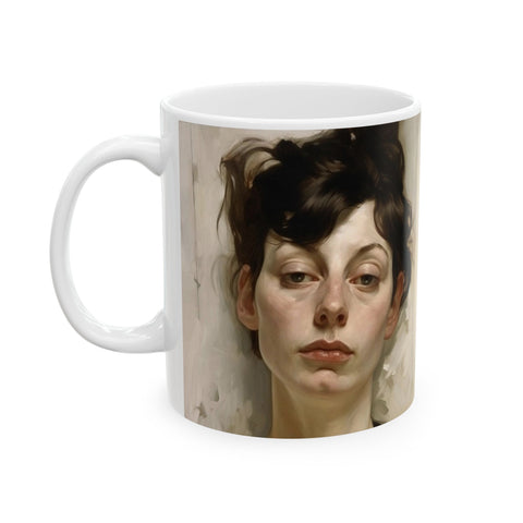 Ceramic Mug 11oz Print of Neurotic, Laconic Woman in a style reminiscent of Gustave Klimt
