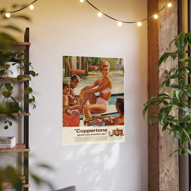 Poster Print: 1970 Coppertone Ad Featuring Bouffant Woman and Glen Campbell-Like Poolside Admirers, Wall Art, Room Decor, Vintage Poster,