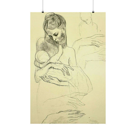 Pablo Picasso Study of Mother and Child Drawing  (1904) Matte Posters - Art Print, Minimalist Decor, Mother & Child, New Moms Gift, Nursery