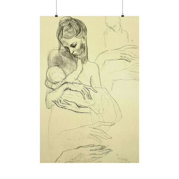 Pablo Picasso Study of Mother and Child Drawing  (1904) Matte Posters - Art Print, Minimalist Decor, Mother & Child, New Moms Gift, Nursery