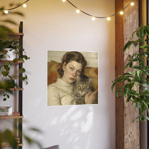 Art Print Vintage Cat and Woman Poster
