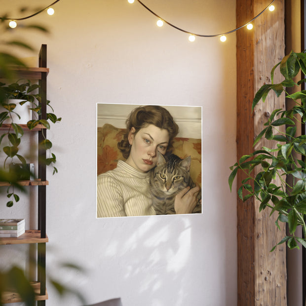Art Print Vintage Cat and Woman Poster