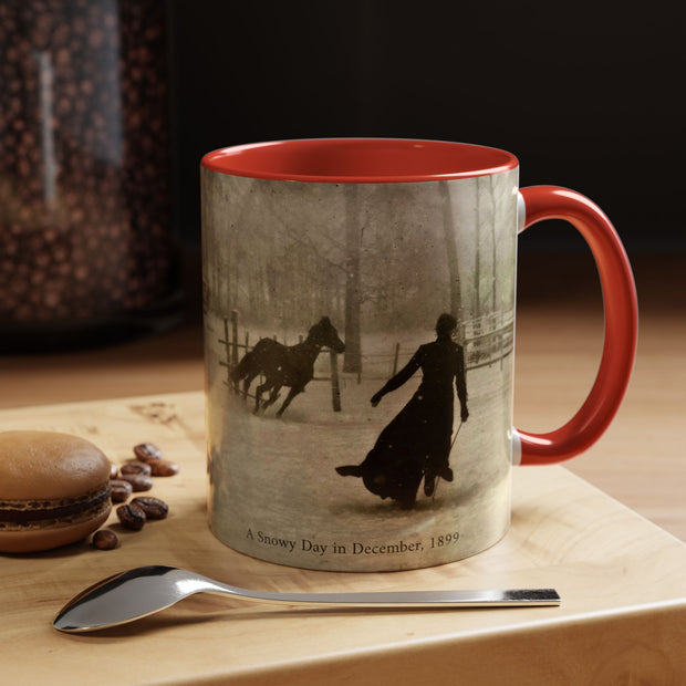 Vintage Victorian Woman and Horse on a Snowy Day, 1899 Coffee Mug, 11oz - Félix Thiollier Antique Farmhouse Style Cup, Horse Lover Gift