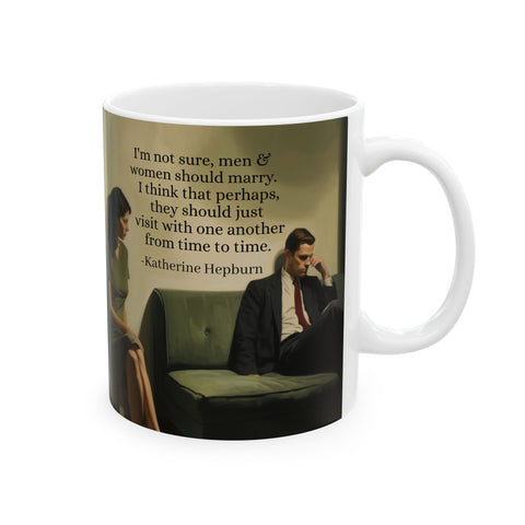Ceramic Mug with Marriage Insights from Father Josh Hudson and Katherine Hepburn, Artwork by Nick Palsgraf. 11oz, 15oz, Gift for Couples,