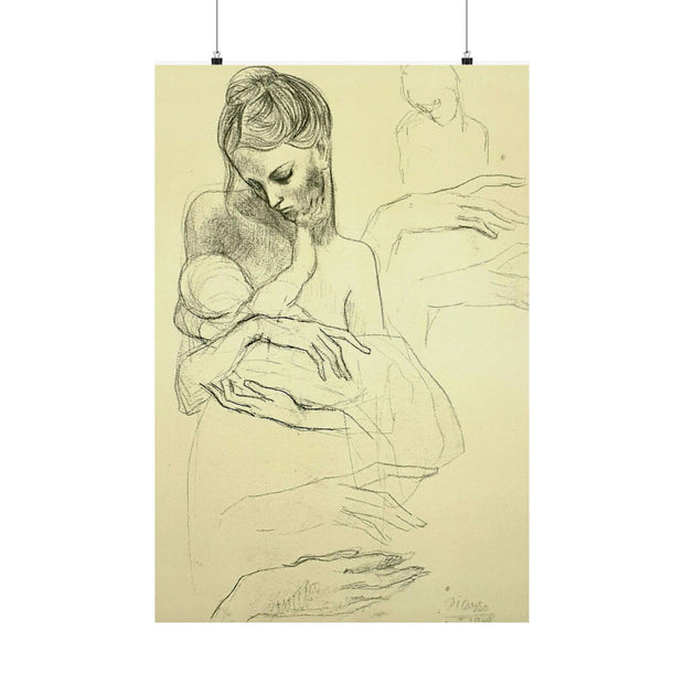 Pablo Picasso Study of Mother and Child Drawing  (1904) Matte Posters - Art Print, Minimalist Decor, Mother & Child, New Moms Gift, Nursery