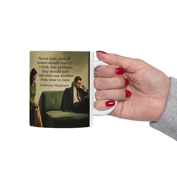Ceramic Mug with Marriage Insights from Father Josh Hudson and Katherine Hepburn, Artwork by Nick Palsgraf. 11oz, 15oz, Gift for Couples,