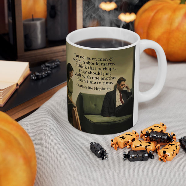 Ceramic Mug with Marriage Insights from Father Josh Hudson and Katherine Hepburn, Artwork by Nick Palsgraf. 11oz, 15oz, Gift for Couples,
