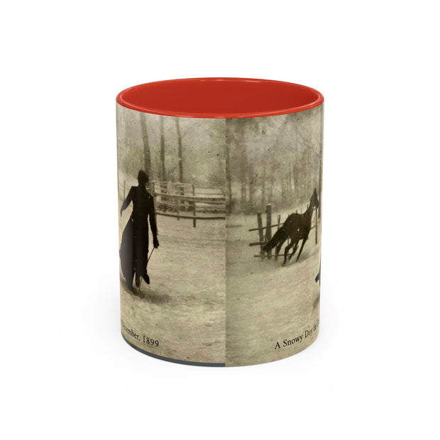 Vintage Victorian Woman and Horse on a Snowy Day, 1899 Coffee Mug, 11oz - Félix Thiollier Antique Farmhouse Style Cup, Horse Lover Gift