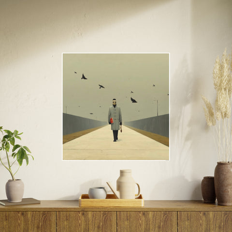 Art Poster Print, The Walking Man with Birds, 32x32 or 28x28 inches; Curated by Nick Palsgraf, Wall Art Decor, Unique Home Decor, Large