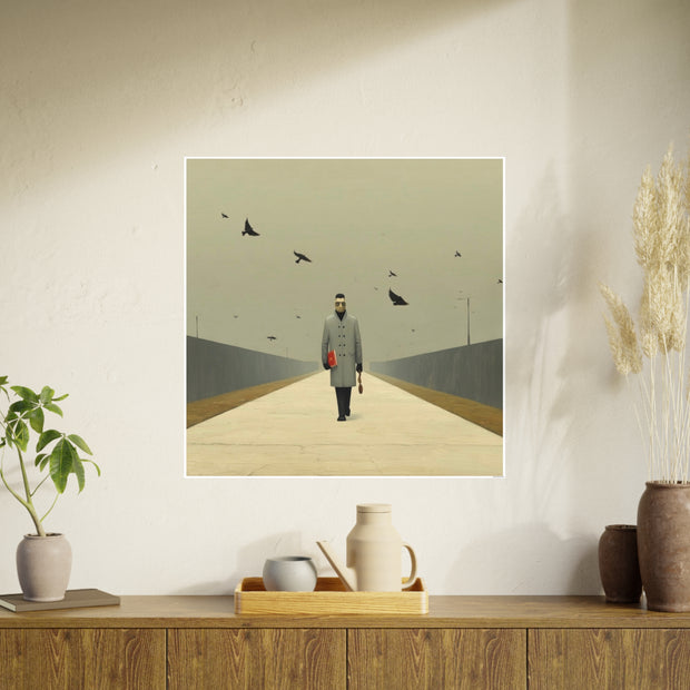 Art Poster Print, The Walking Man with Birds, 32x32 or 28x28 inches; Curated by Nick Palsgraf, Wall Art Decor, Unique Home Decor, Large