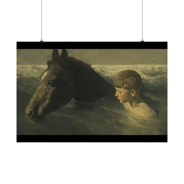 Art Posters, Boy with Horse in Water, Oil Simulation Wall Decor, Matte Prints, Home Decor, Gift for Horse Lovers