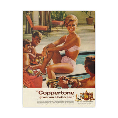 Poster Print: 1970 Coppertone Ad Featuring Bouffant Woman and Glen Campbell-Like Poolside Admirers, Wall Art, Room Decor, Vintage Poster,