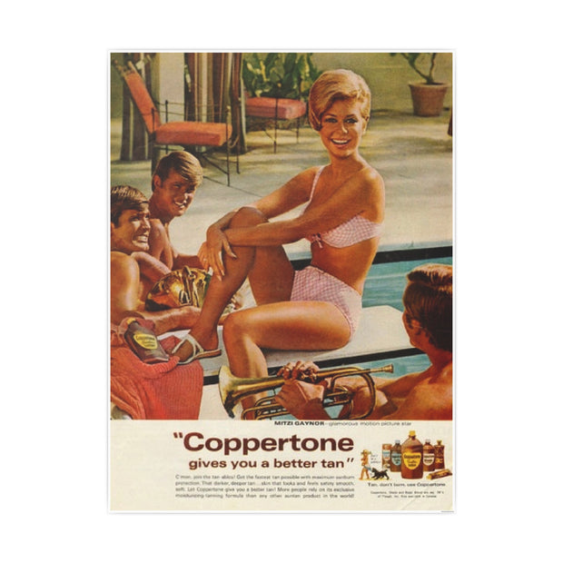 Poster Print: 1970 Coppertone Ad Featuring Bouffant Woman and Glen Campbell-Like Poolside Admirers, Wall Art, Room Decor, Vintage Poster,